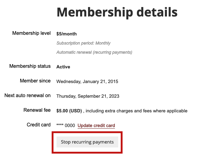 Screen shot of Membership details section, with 'Stop recurring payments' link highlighted