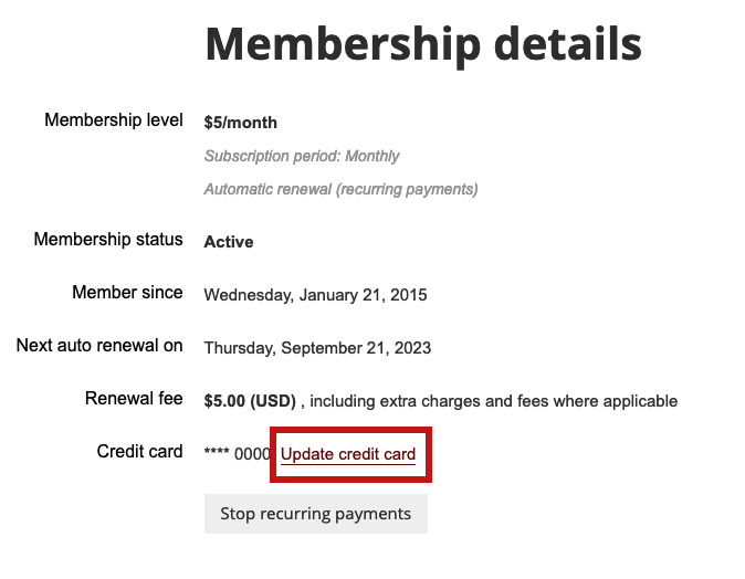 Screen shot of Membership details section, with 'Update Credit Card' link highlighted