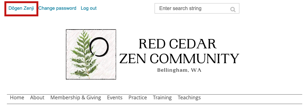 Screen shot of website banner, with user name (Dogen Zenji) highlighted